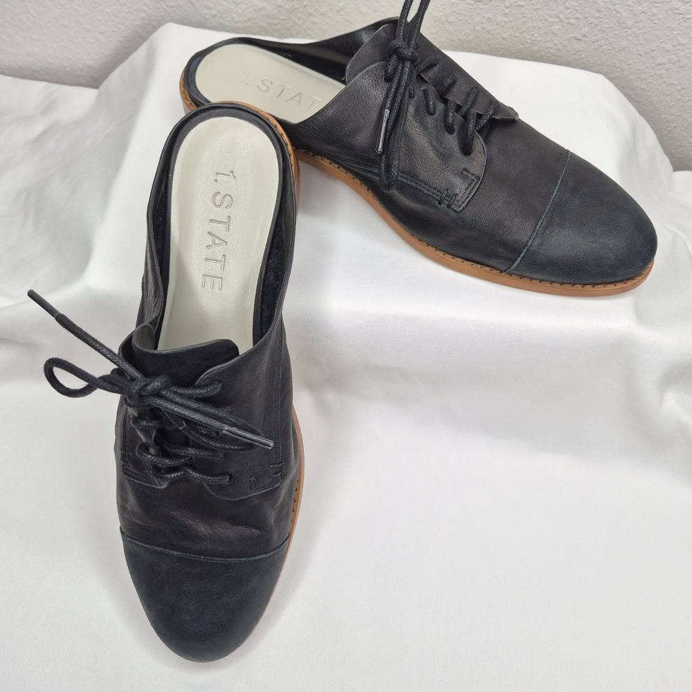 1.STATE Black Leather Lace Up Cap Toe Mules Oxford Slides 9.5 FEA Preppy Classic